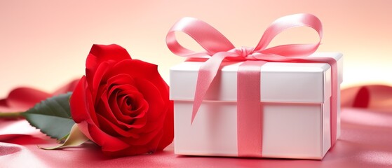 a white box with a pink ribbon next to a red rose