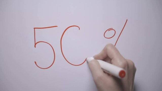 50% woman's hand writes fifty percent with a red marker on a white board. Blank space for insertion