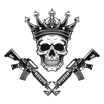 Illustration of the skull with crossed assault rifles. Design element for logo, label, sign, emblem. Vector illustration with skull tshirt design