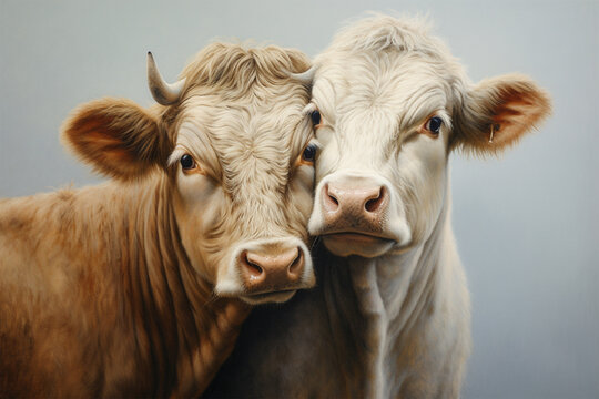 a pair of cows
are hugging