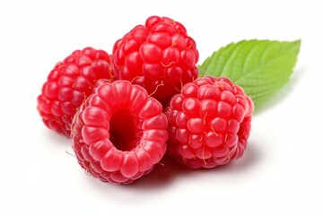 a group of raspberries with a leaf