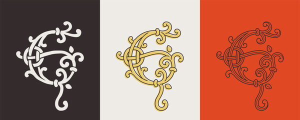 Celtic G monograms set. Insular style initial with authentic knots and interwoven cords. British, Irish, or Saxons overlapping monogram.