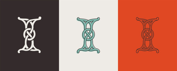 Celtic I monograms set. Insular style initial with authentic knots and interwoven cords. British, Irish, or Saxons overlapping monogram.