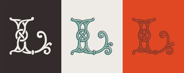 Celtic L monograms set. Insular style initial with authentic knots and interwoven cords. British, Irish, or Saxons overlapping monogram. - obrazy, fototapety, plakaty