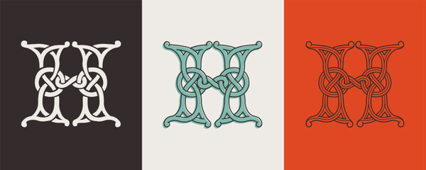 Celtic H monograms set. Insular style initial with authentic knots and interwoven cords. British, Irish, or Saxons overlapping monogram.