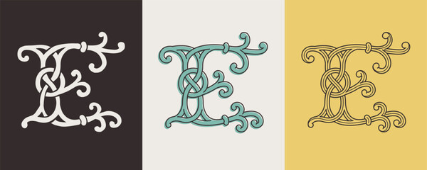 Celtic E monograms set. Insular style initial with authentic knots and interwoven cords. British, Irish, or Saxons overlapping monogram.