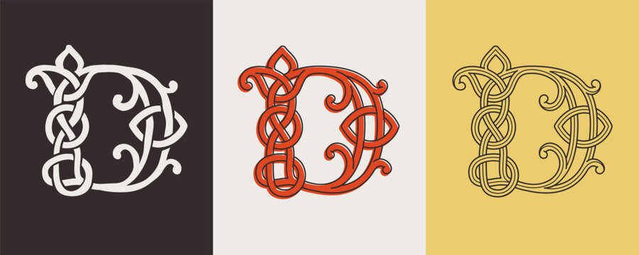 Celtic D monograms set. Insular style initial with authentic knots and interwoven cords. British, Irish, or Saxons overlapping monogram.