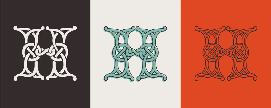 Celtic H monograms set. Insular style initial with authentic knots and interwoven cords. British, Irish, or Saxons overlapping monogram.