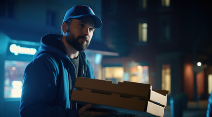 Scene with pizza delivery man at night, pizza box, soft light, blurred background, seamless bokeh