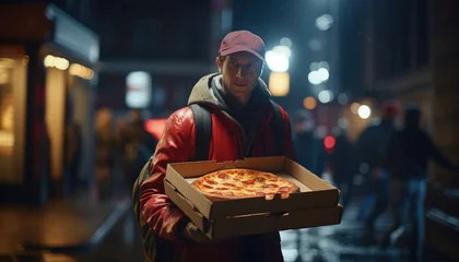 Foto op Canvas Scene with pizza delivery man at night, pizza box, soft light, blurred background, seamless bokeh © IonelV