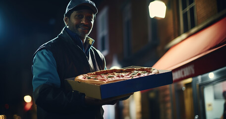 Scene with pizza delivery man at night, pizza box, soft light, blurred background, seamless bokeh - Powered by Adobe