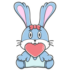 Cartoon illustration of a cute blue bunny with pink ears and a bow