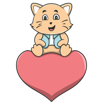 Cartoon kitten sitting on a large heart