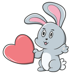 Cute cartoon rabbit holding a large red heart