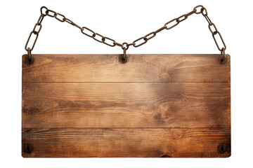Weathered wooden sign hanging on a chain, cut out