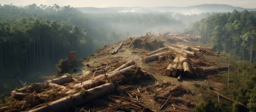 Illegal deforestation and its environmental consequences, depicted by an aerial view of fallen trees and stacked wood.