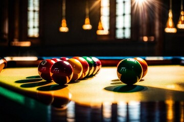Relaxing game of billiards in an indoor billiard room. - obrazy, fototapety, plakaty