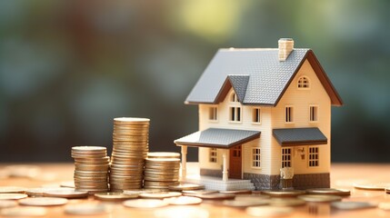 Coin Stacks and House Miniature. Saving, Investment, Tax, Passive Income Concept
