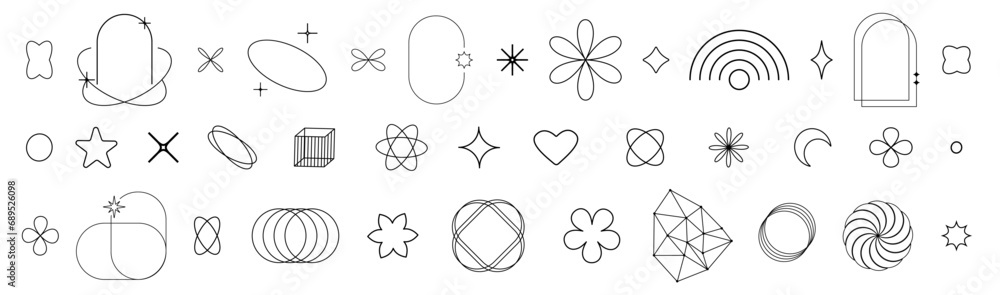 Aufkleber Abstract rave isolated shapes in trendy y2k style. Black retro elements and frames. Vector line illustration on transparent background.