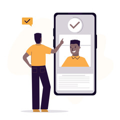 User man standing in front of smartphone and trying to log in. Face ID technology, facial recognition system, biometric authentication, digital information protection concept