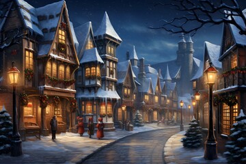 Beautiful winter night in the old town. Winter fairy tale.