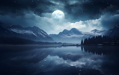 Fantasy landscape with mountains and lake at night in full moon light.