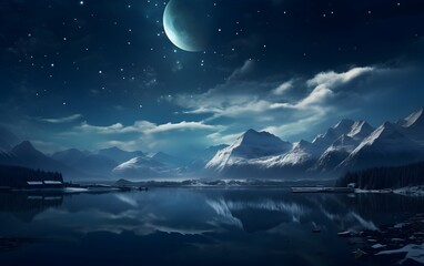 Fantasy landscape with mountains and lake at night in full moon light.