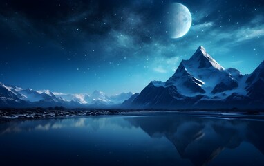 Fantasy landscape with mountains and lake at night in full moon light.