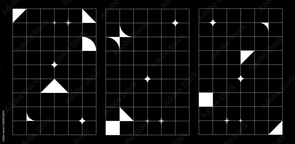 Aufkleber Abstract set with white grids and abstract geometric isolated shapes in trendy y2k style for banner, poster, background greeting card, cover. Vector illustration on black background.