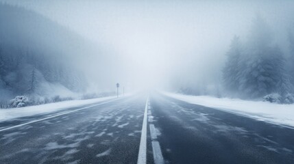 Obraz na płótnie Canvas Winter highway, snowfall and fog. Generative AI