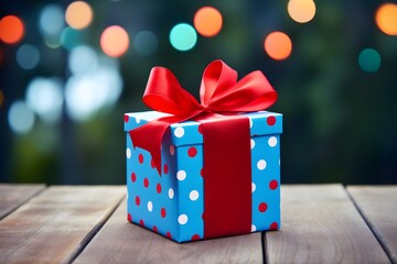 Gift box on wooden table with bokeh lights on background.

