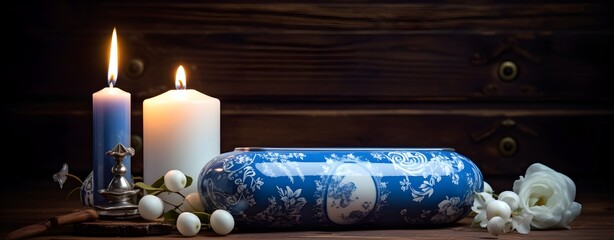 Blue christmas background with candles, balls and snowflakes.