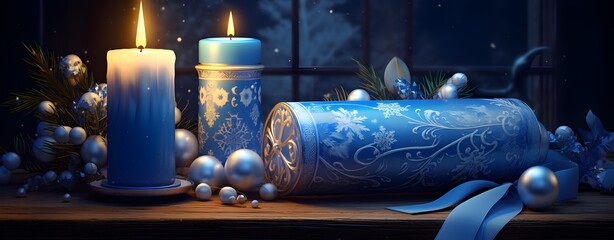 Blue christmas background with candles, balls and snowflakes.