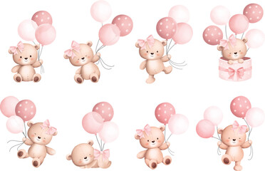 Watercolor Illustration Set of Baby Teddy Bears and Balloons