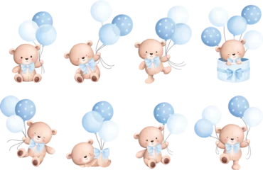 Fotobehang Watercolor Illustration Set of Baby Teddy Bears and Balloons © Stella