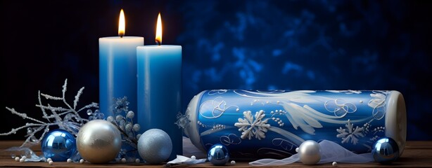 Blue christmas background with candles, balls and snowflakes.