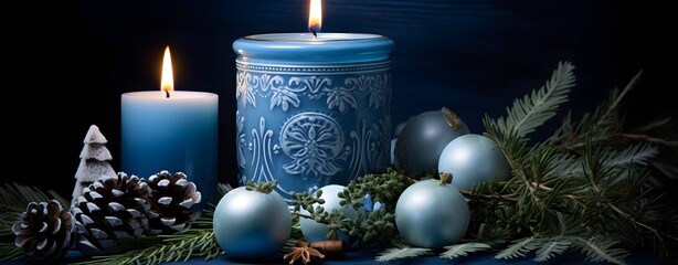 Blue christmas background with candles, balls and snowflakes.