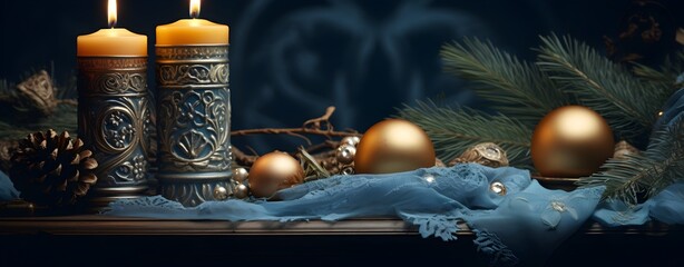 Blue christmas background with candles, balls and snowflakes.