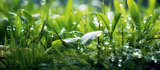 In the background of a lush green garden, an abstract pattern of white and black leaves adorned the grass, capturing the beauty of nature in summer and spring, with abstract water droplets that added
