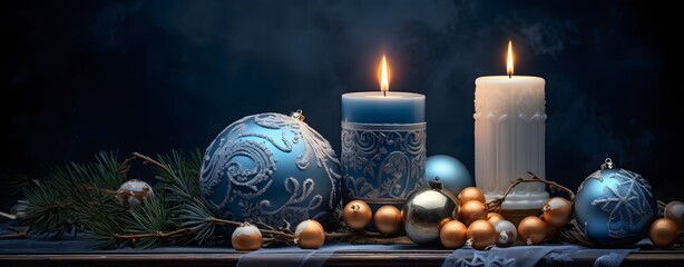 Blue christmas background with candles, balls and snowflakes.