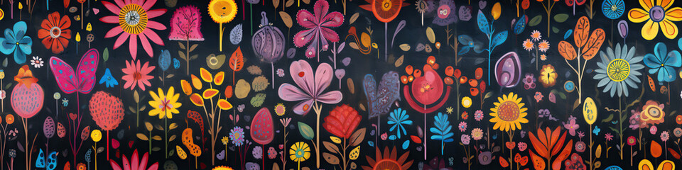 floral seamless pattern with colorful flowers drawn in chalk on blackboard - obrazy, fototapety, plakaty