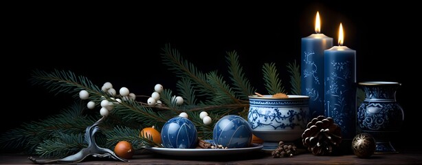 Blue christmas background with candles, balls and snowflakes.