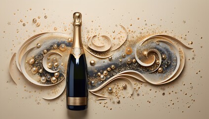 Bottle of champagne with gold splashes on a beige background.
