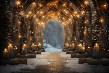 Christmas lights in the winter forest. Winter fairy tale. Christmas background.
