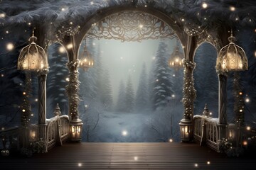 Christmas lights in the winter forest. Winter fairy tale. Christmas background.