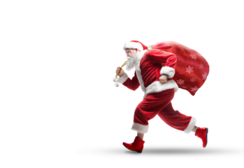 Santa Claus Running with bag full of Christmas presents isolated on white