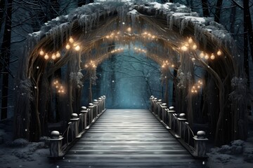 Christmas lights in the winter forest. Winter fairy tale. Christmas background.