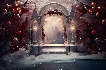 Christmas lights in the winter forest. Winter fairy tale. Christmas background.