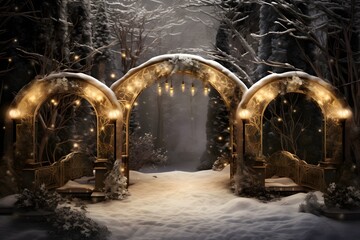 Christmas lights in the winter forest. Winter fairy tale. Christmas background.