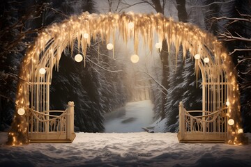 Christmas lights in the winter forest. Winter fairy tale. Christmas background.